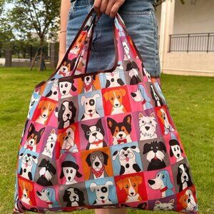 Friendly Dogs Shopping Tote Large Packable Multi Color